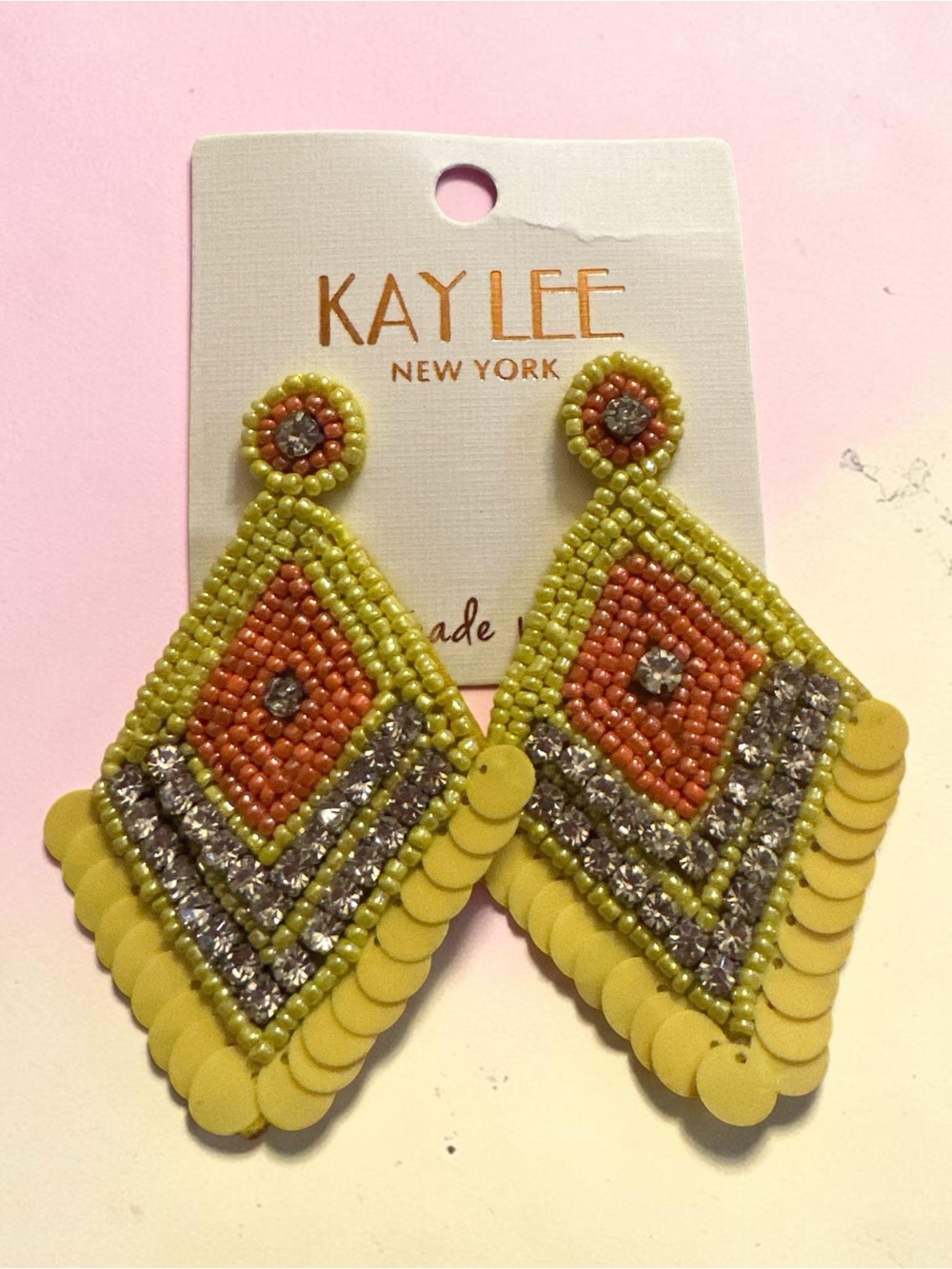 Kay Lee New York Yellow Coral Beaded Rhinestone Statement Earrings - Picture 3 of 6